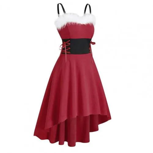 Amy Fashion - Christma Off Shoulder Contrast Color Patchwork High Low Dress