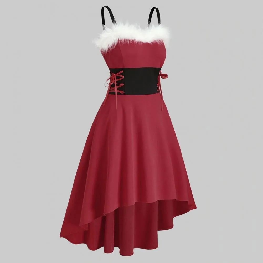 Amy Fashion - Christma Off Shoulder Contrast Color Patchwork High Low Dress