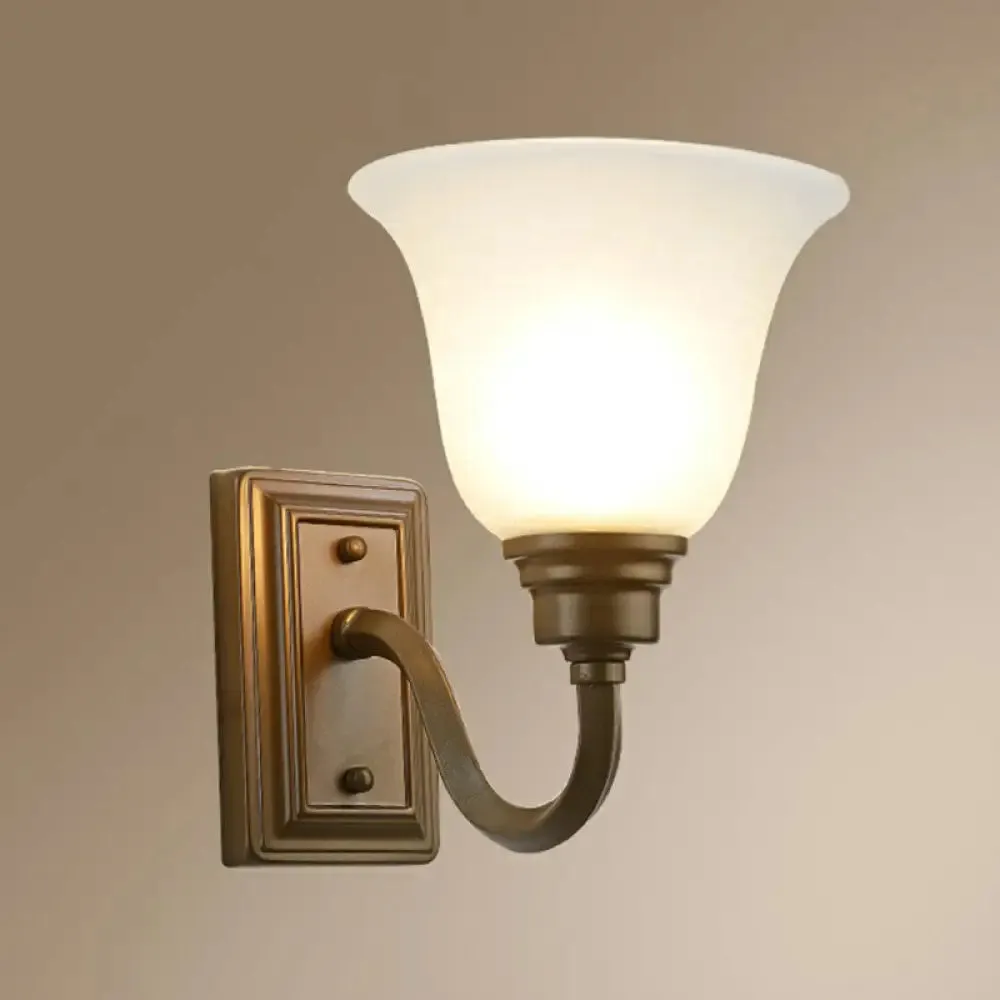 Antique Flared Foyer Wall Lamp - Elegant Milky Glass, 1-Bulb, Wall Mounted with Curved Arm