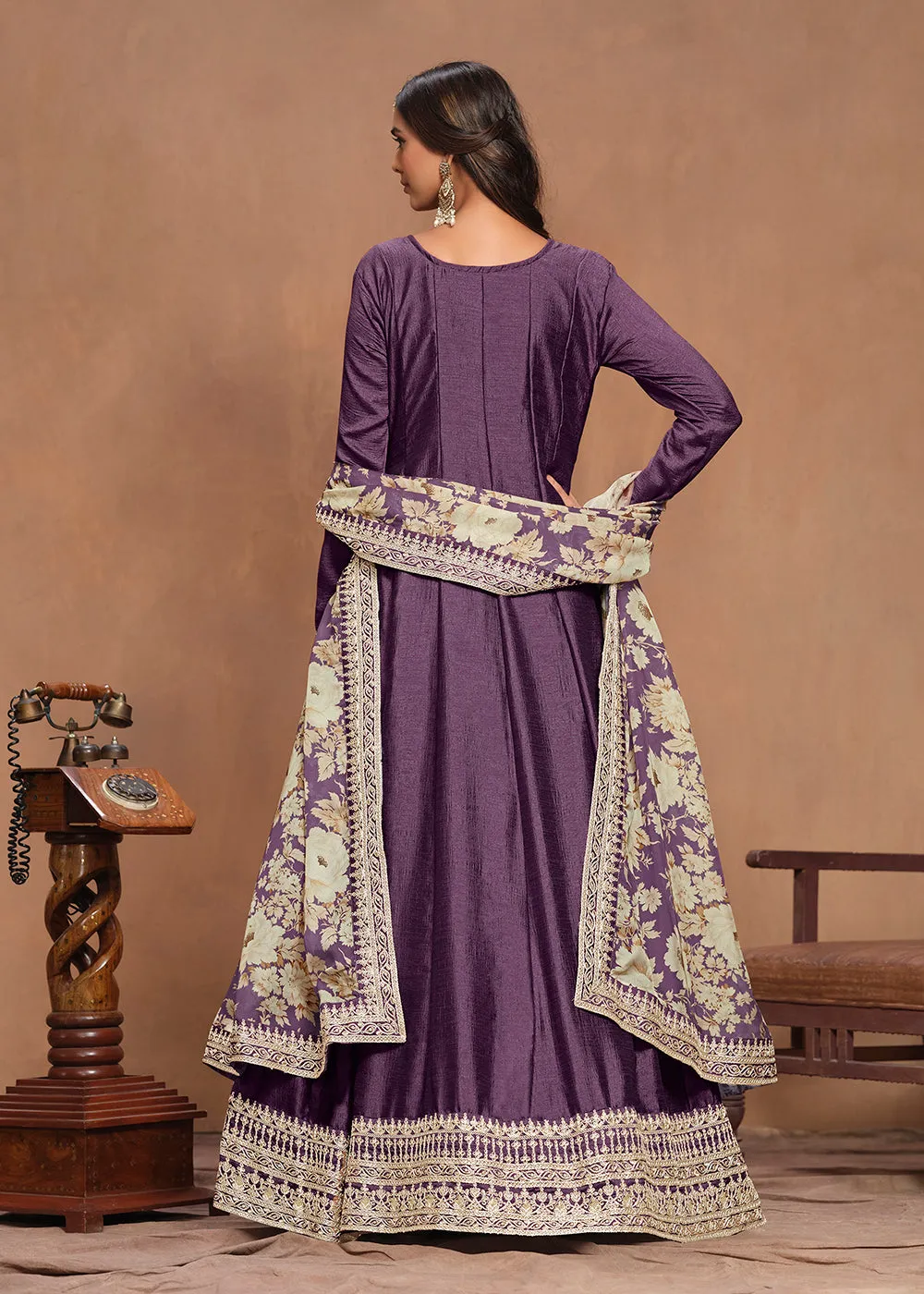 Art Silk Purple Embroidered Wedding Anarkali Gown