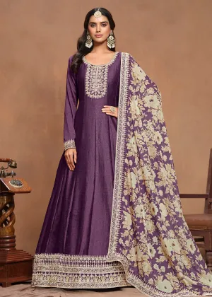 Art Silk Purple Embroidered Wedding Anarkali Gown