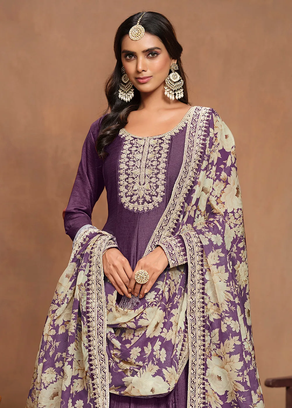 Art Silk Purple Embroidered Wedding Anarkali Gown