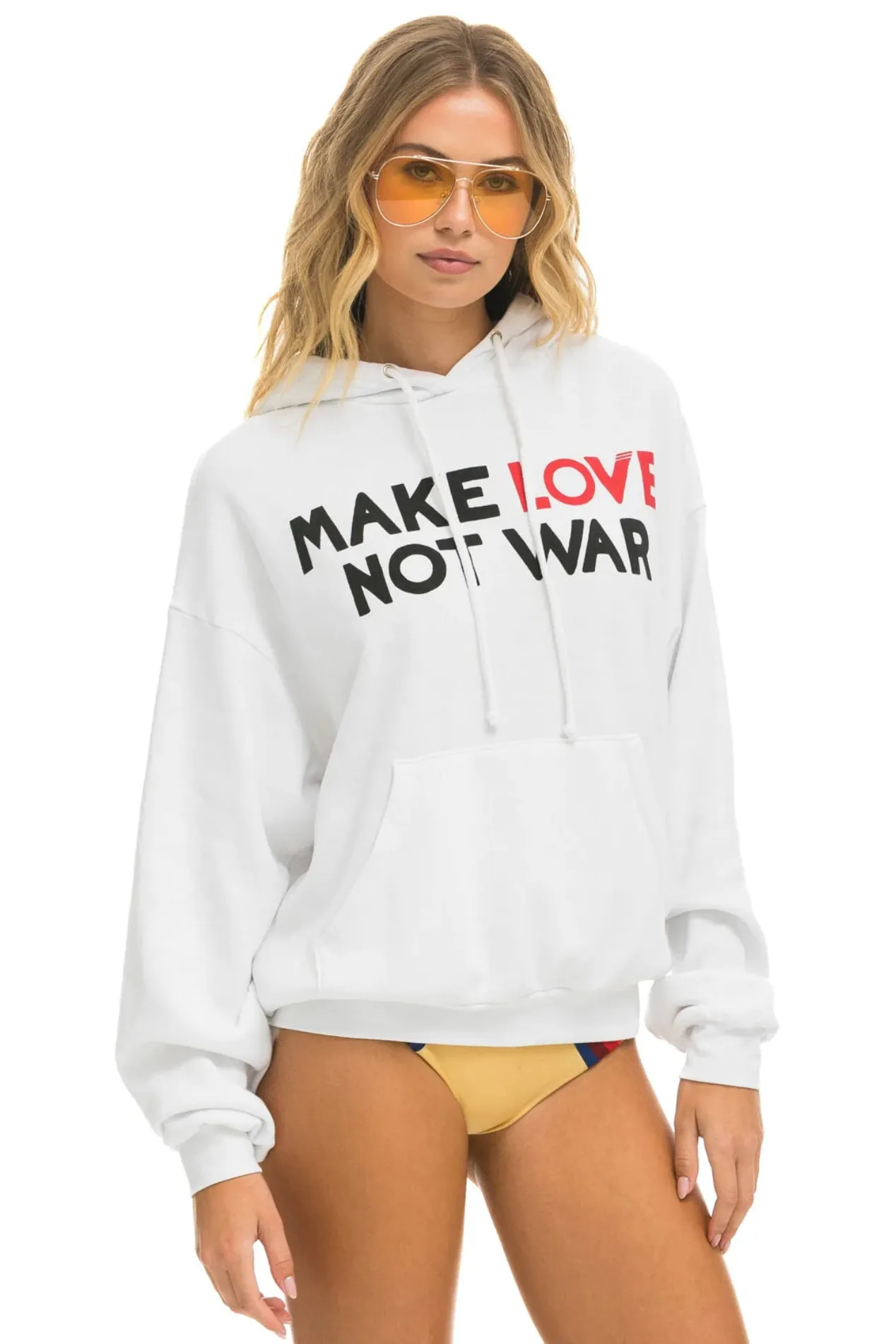 AVIATOR NATION MAKE LOVE NOT WAR RELAXED PULLOVER UNISEX HOODIE - WHITE