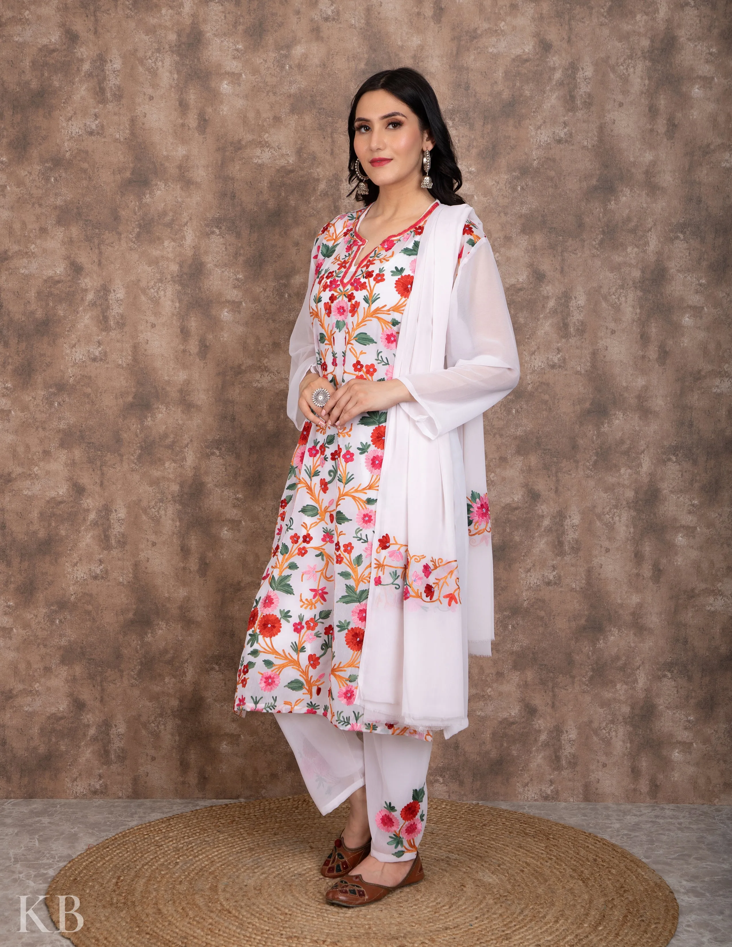 Bahaar White Aari Embroidered Georgette Suit with Dupatta