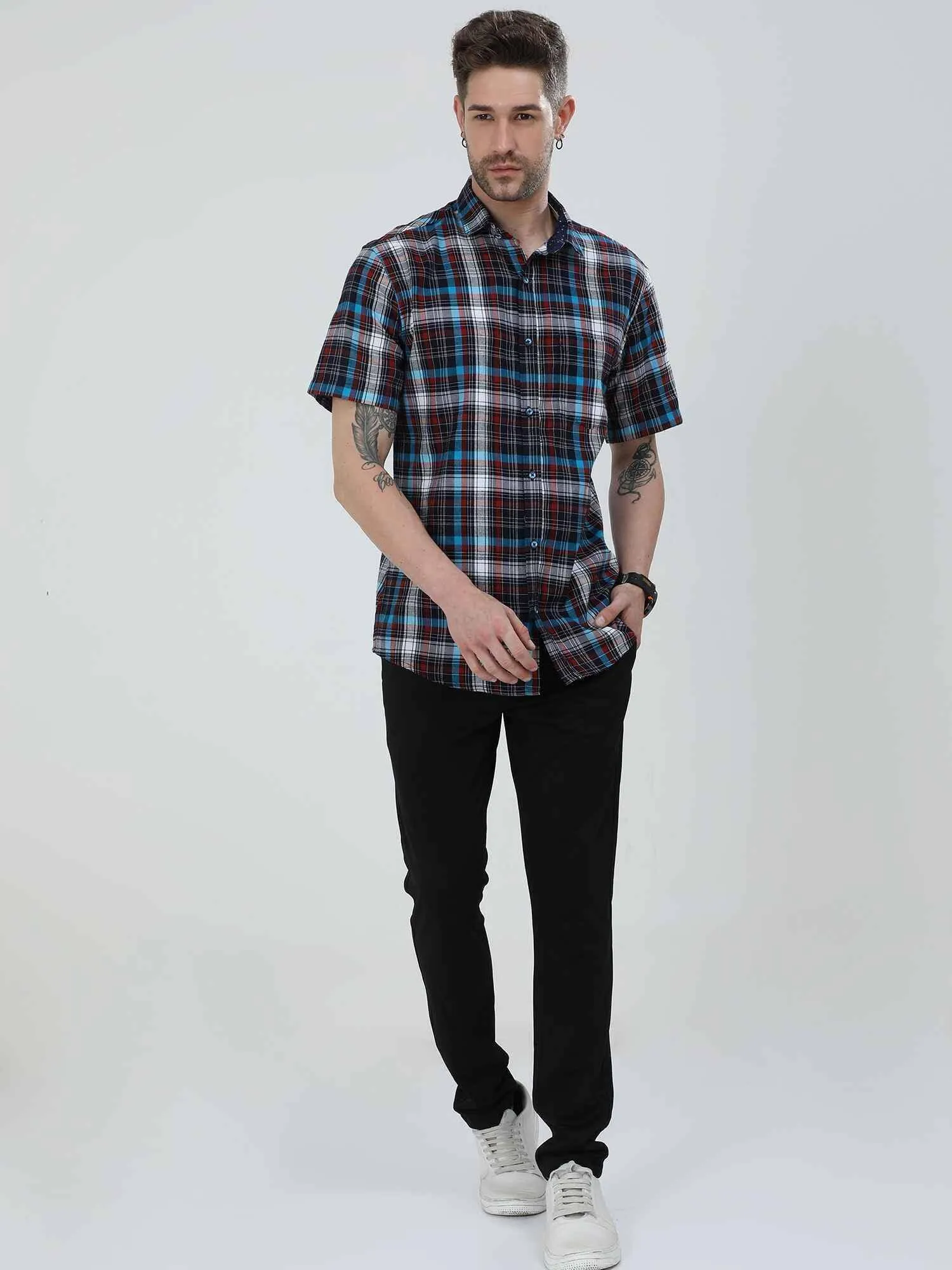 Black blue Red Checkered Half Shirt Men's Plus Size