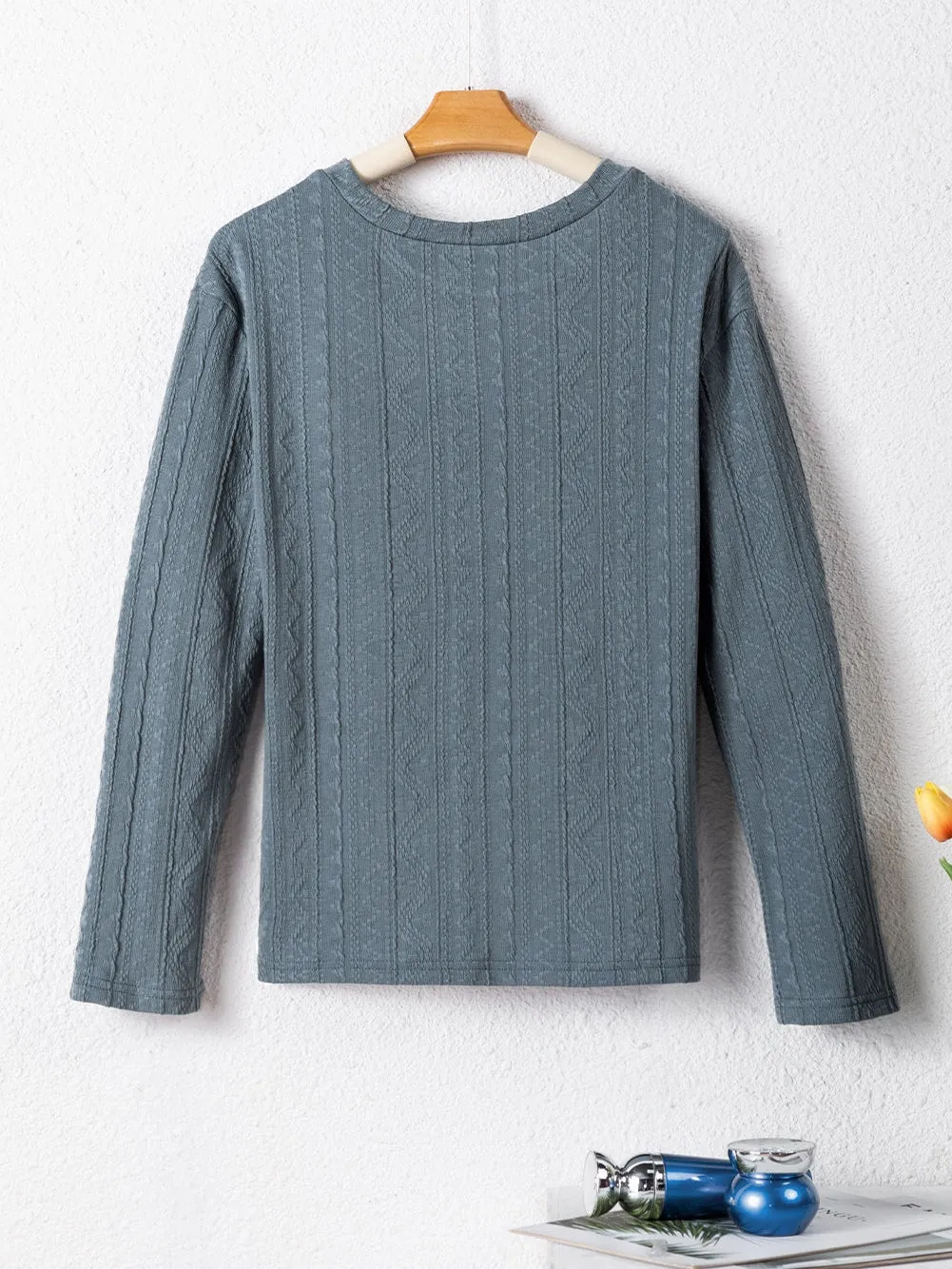 Blue Textured Buttoned Round Neck Long Sleeve Top for Women