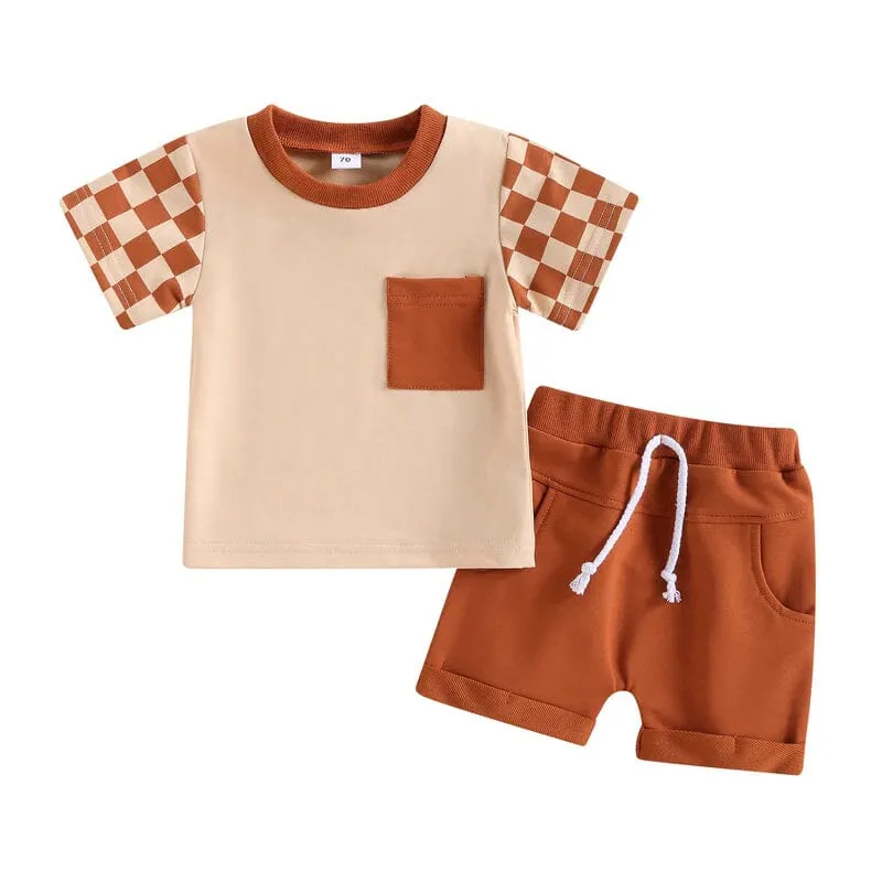 Checkered Sleeve Brown Shorts Baby Set