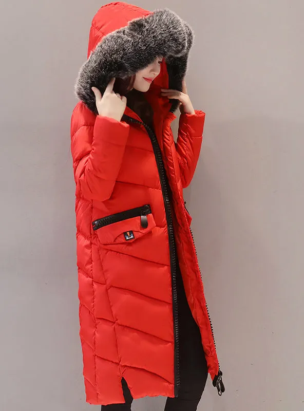 Down Jacket Hooded Cotton Long Fur Collar Slim