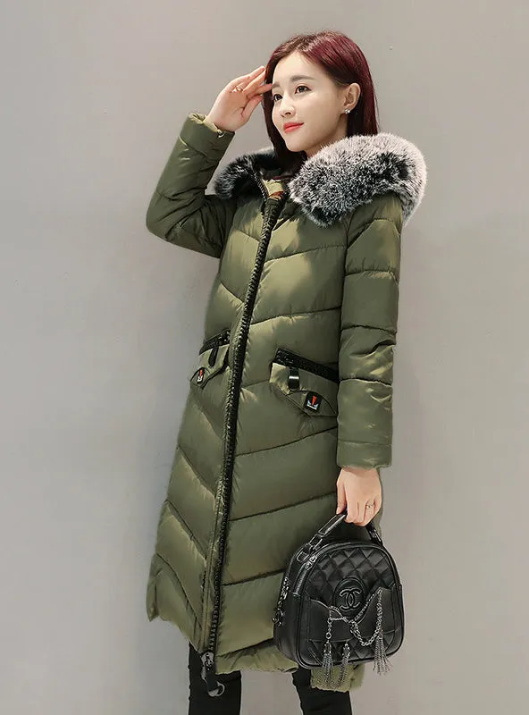 Down Jacket Hooded Cotton Long Fur Collar Slim