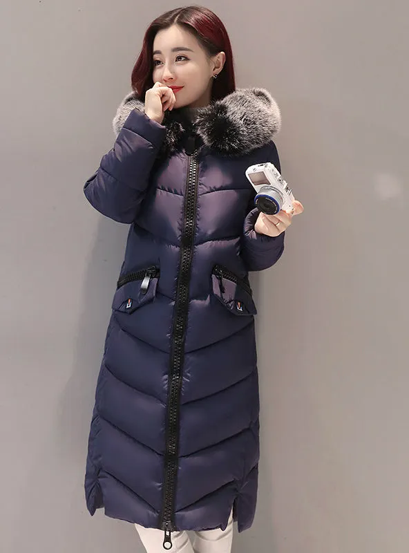 Down Jacket Hooded Cotton Long Fur Collar Slim