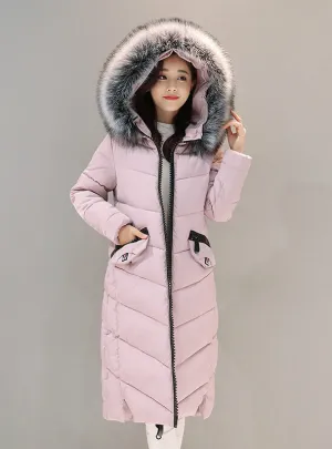 Down Jacket Hooded Cotton Long Fur Collar Slim