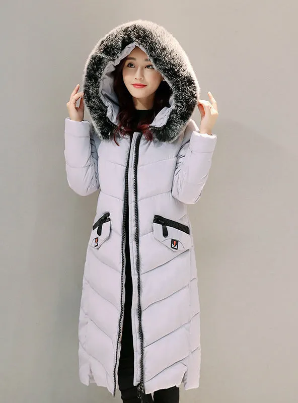 Down Jacket Hooded Cotton Long Fur Collar Slim