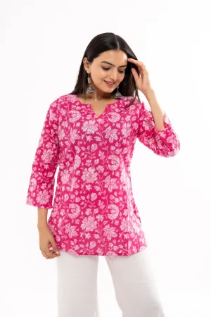 Ekisha's women printed Pink multicolor cotton tunic top short kurti