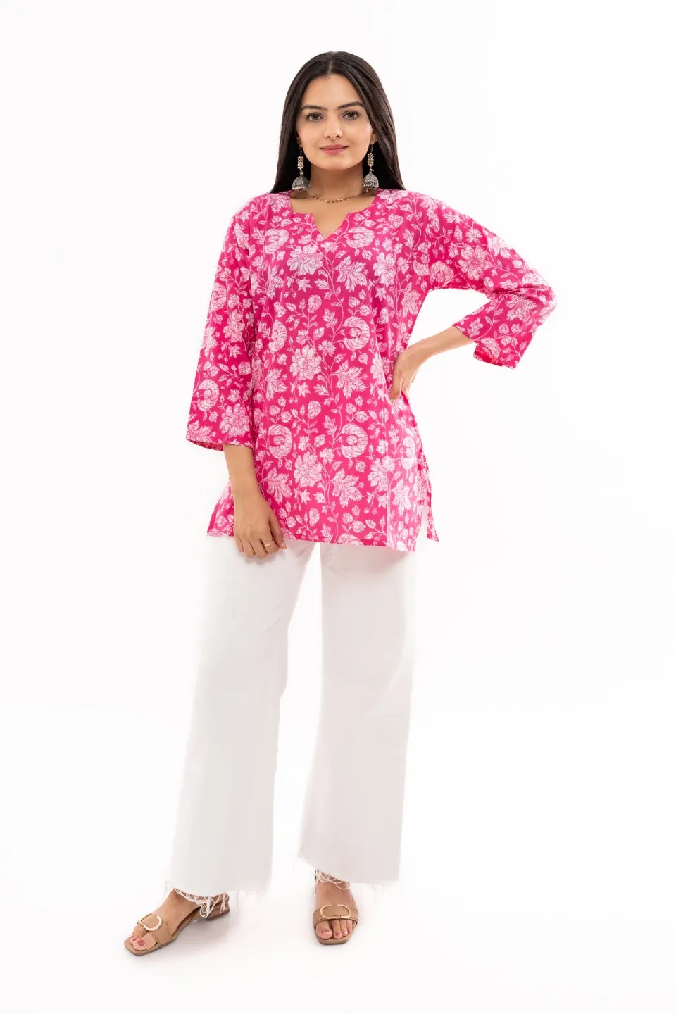 Ekisha's women printed Pink multicolor cotton tunic top short kurti