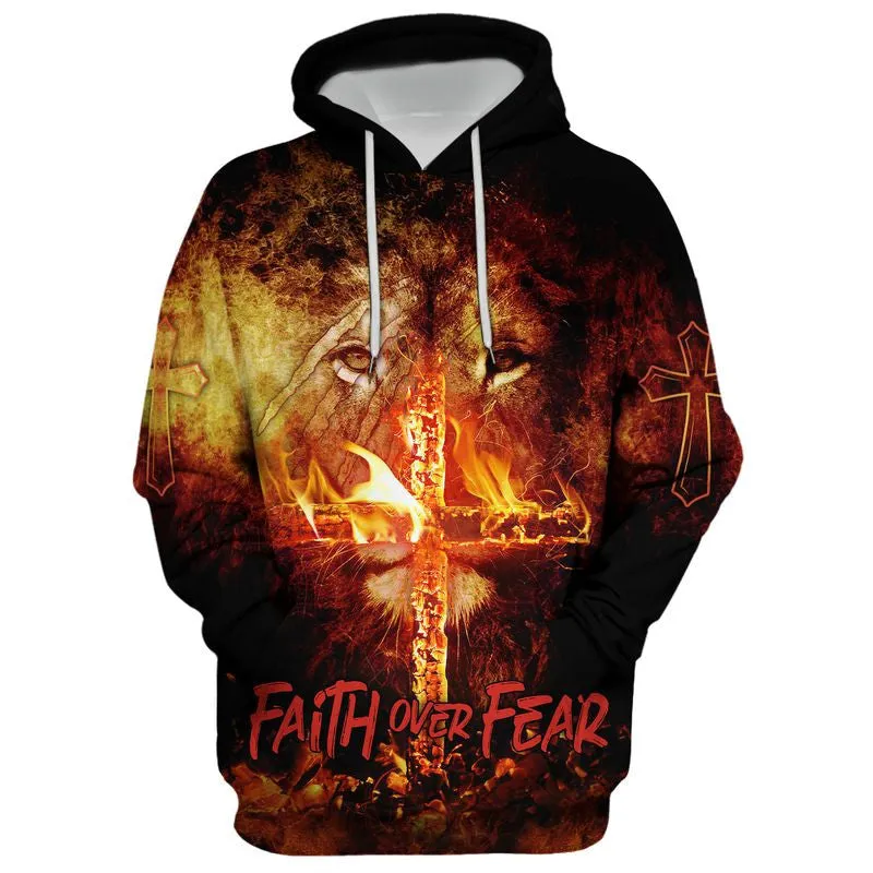 Faith Over Fear Lion Christian Cross Hoodies Men & Women Christian Hoodie 3D Printed Hoodie