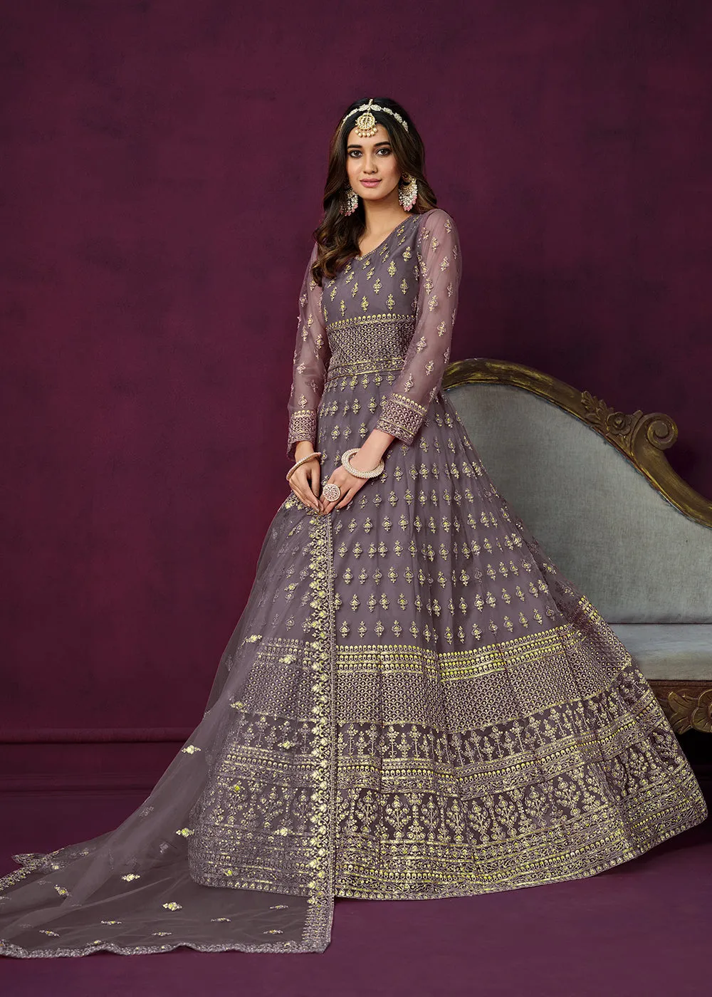 Floor Length Purple Sequins Embroidered Wedding Anarkali Suit