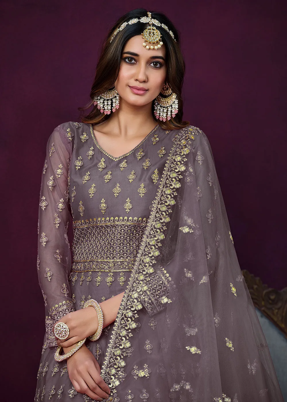 Floor Length Purple Sequins Embroidered Wedding Anarkali Suit