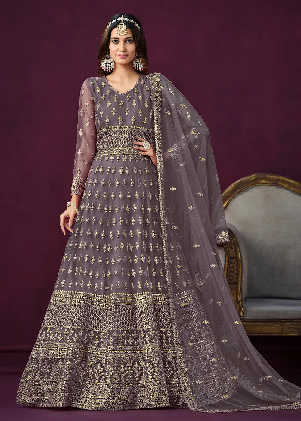 Floor Length Purple Sequins Embroidered Wedding Anarkali Suit