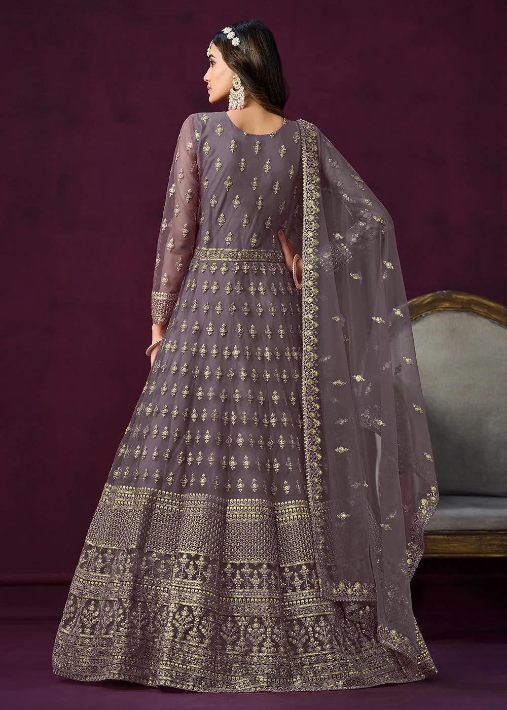 Floor Length Purple Sequins Embroidered Wedding Anarkali Suit