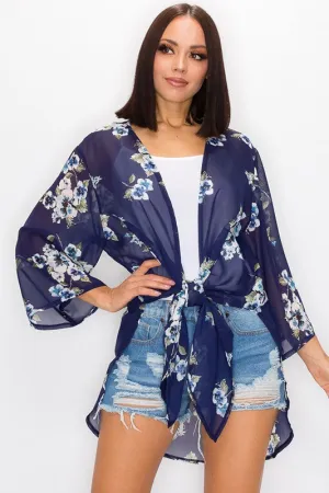 Floral Print Cardigan - Navy