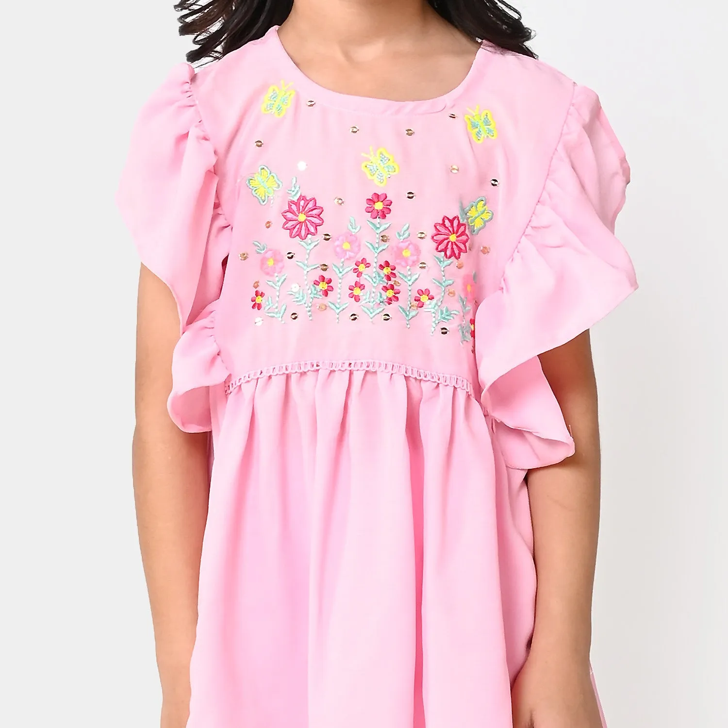 Girls Viscose Embroidered Top Sequence - Pink