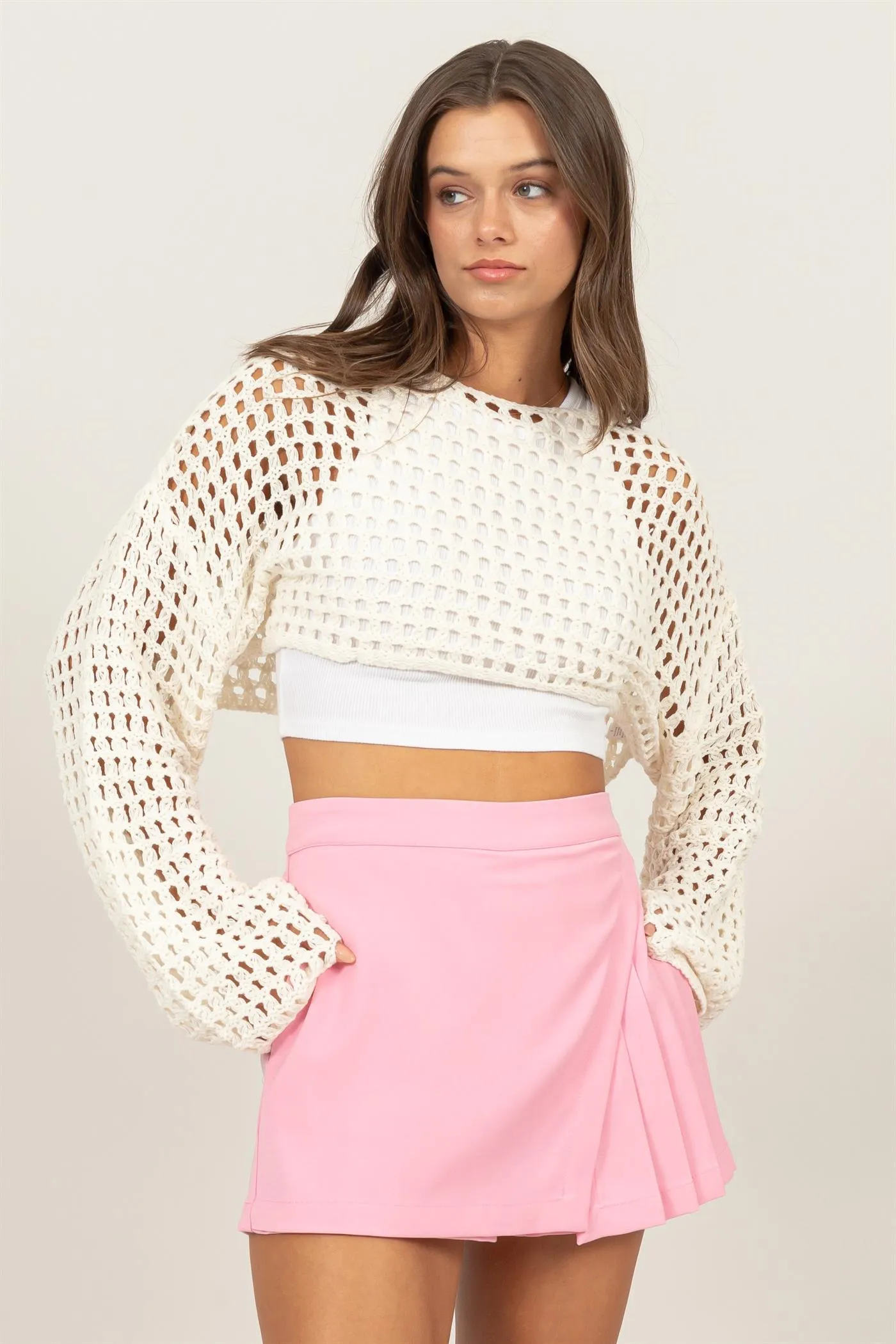 HF24F068-OPEN STITCH CROPPED SWEATER