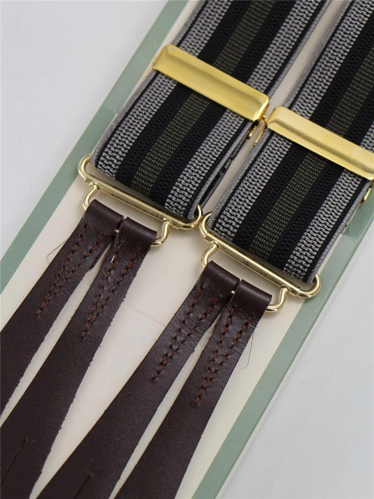 Khaki & Black Stripe Braces with Dark Brown Leather Loops