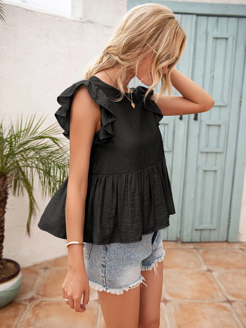 Lace Back Ruffle Blouse