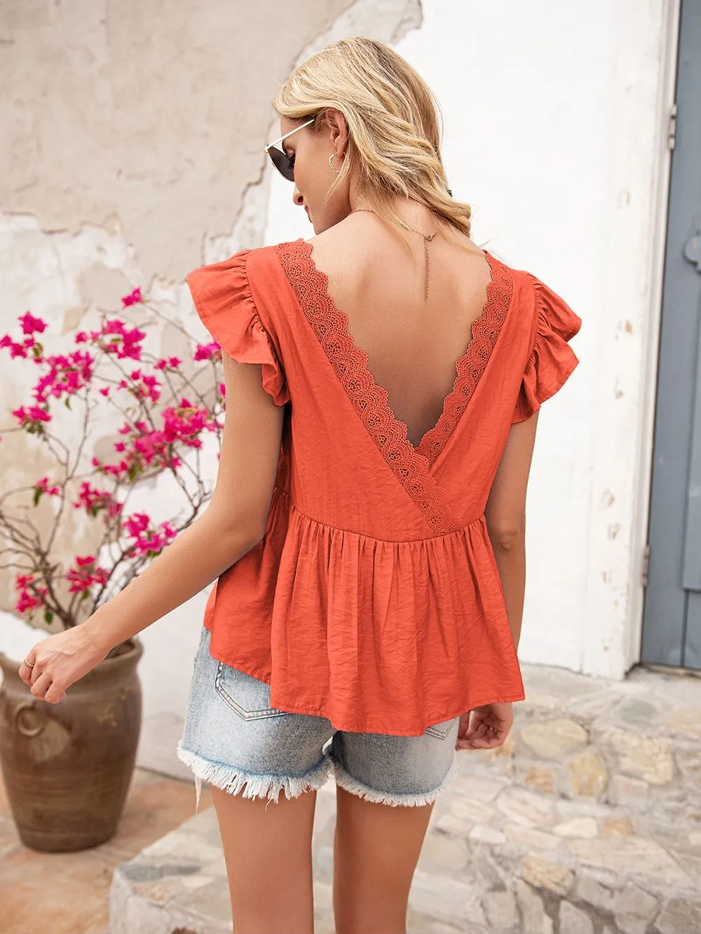 Lace Back Ruffle Blouse