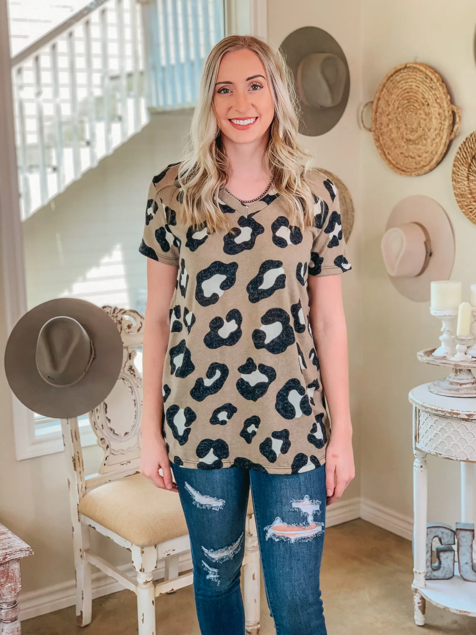 Last Chance Size Small | Keep Things Simple Large Leopard V Neck Tee Shirt in Taupe