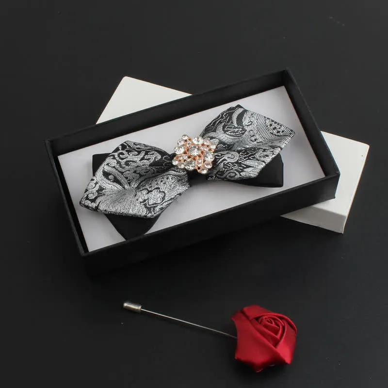 Men's Classical Paisley Crystal Bow Tie with Lapel Pin