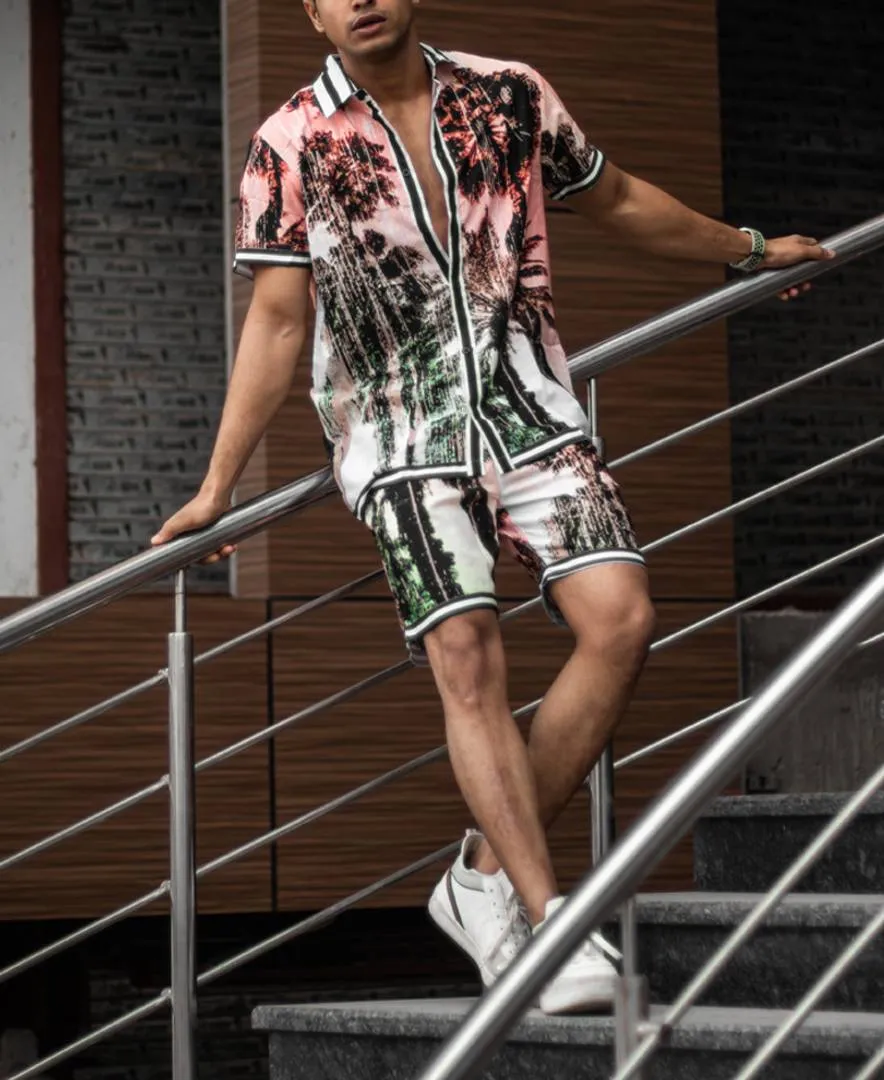 Men's White Sunset Beach Print Shirt and Shorts Set