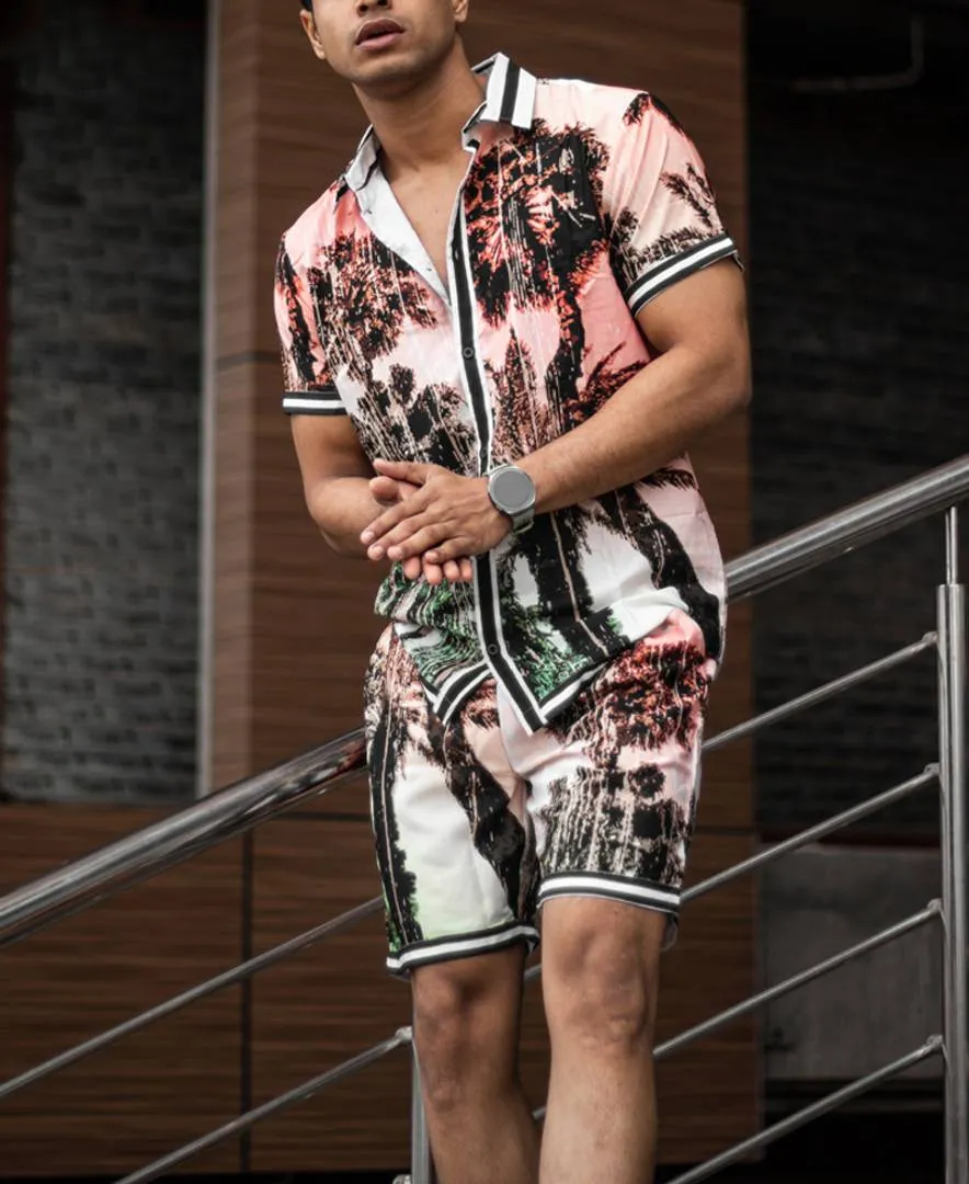 Men's White Sunset Beach Print Shirt and Shorts Set