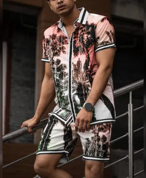 Men's White Sunset Beach Print Shirt and Shorts Set