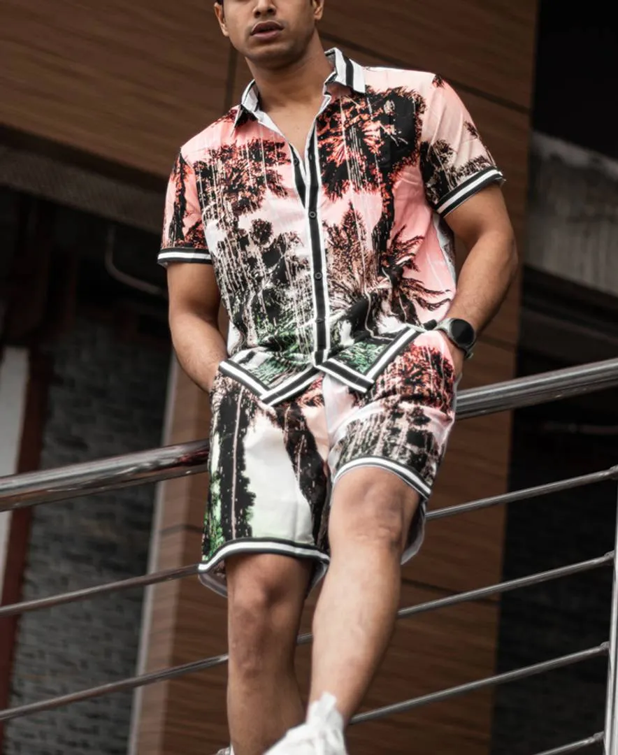 Men's White Sunset Beach Print Shirt and Shorts Set