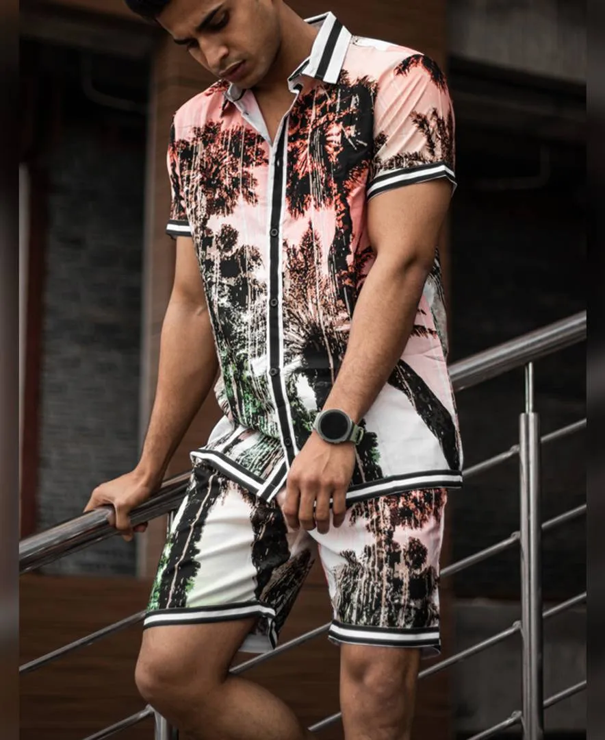 Men's White Sunset Beach Print Shirt and Shorts Set