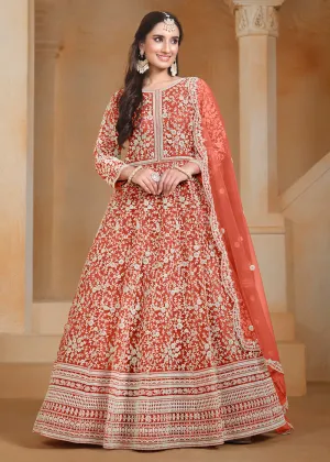 Net Orange Embroidered Festive Style Anarkali Suit