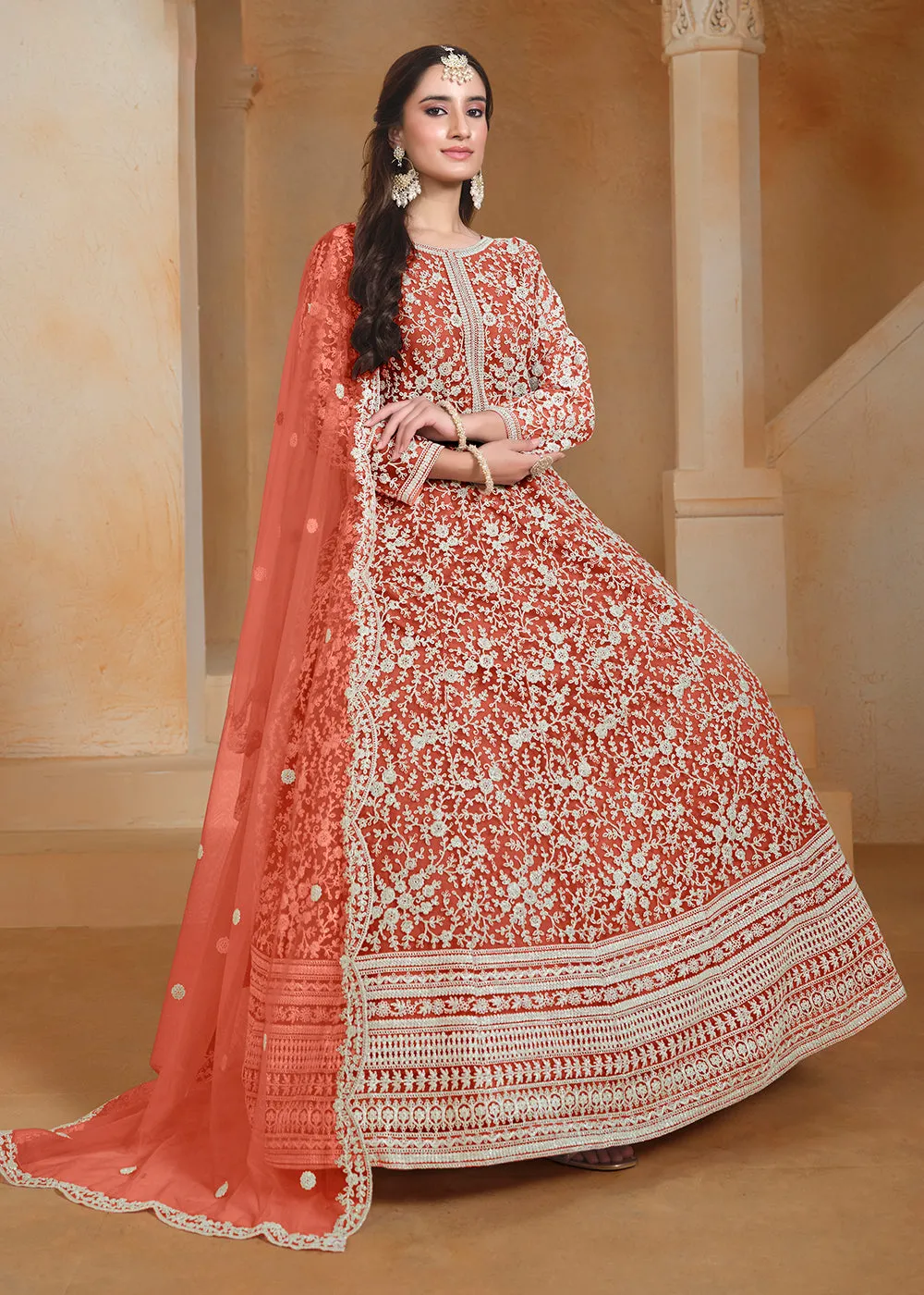 Net Orange Embroidered Festive Style Anarkali Suit