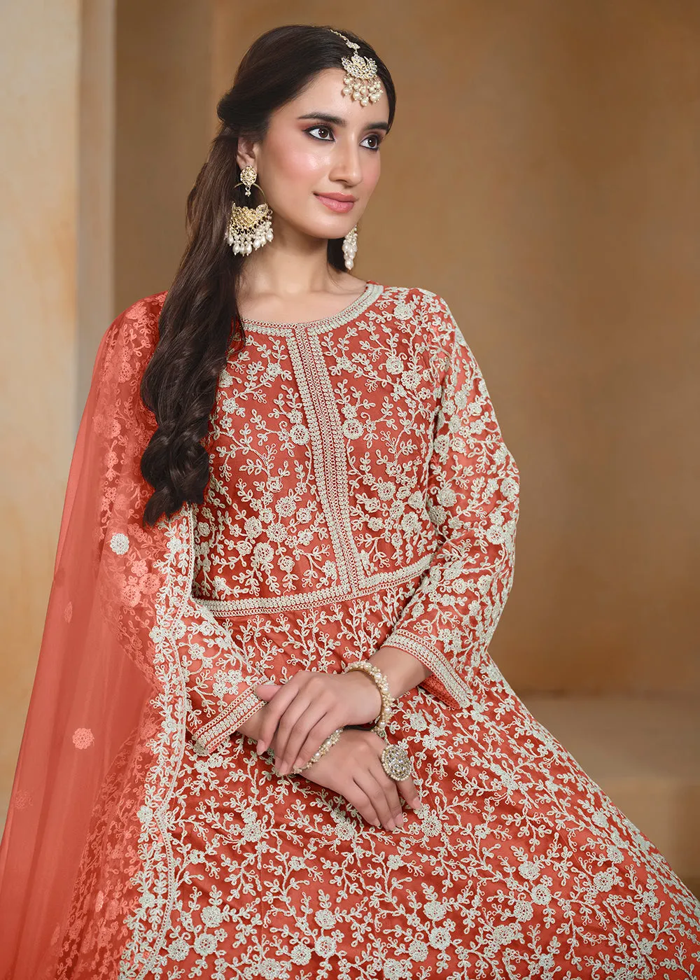 Net Orange Embroidered Festive Style Anarkali Suit