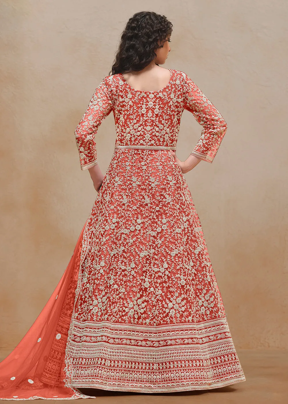 Net Orange Embroidered Festive Style Anarkali Suit