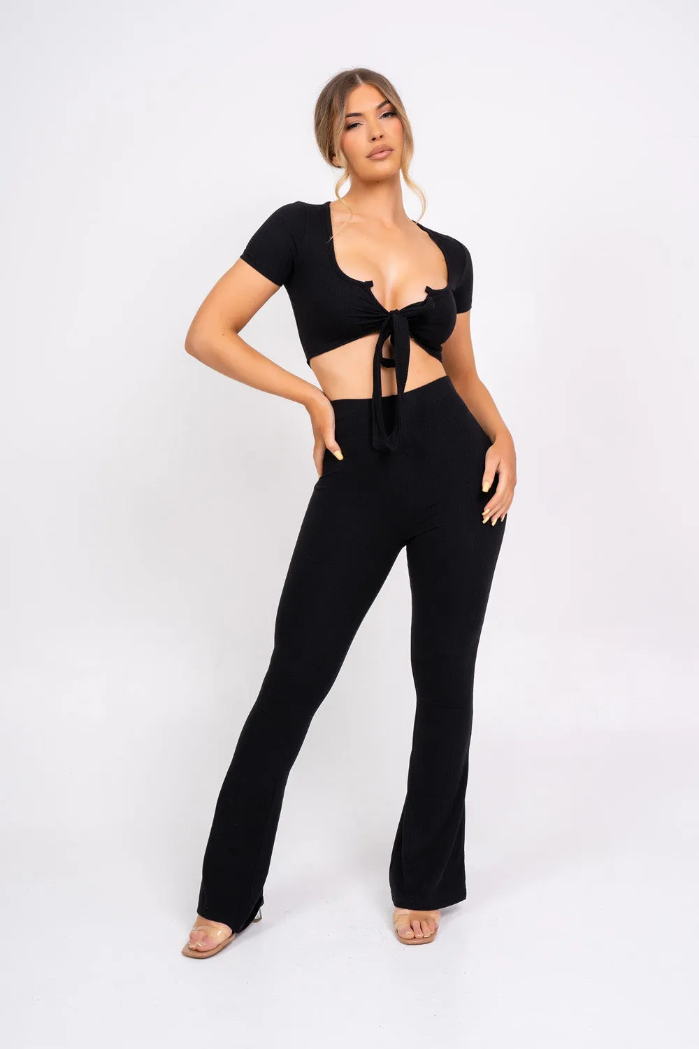 Never Endin' Black Ribbed Two Piece Tie Front Top High Rise Flare Wide Trousers Co-ord Set