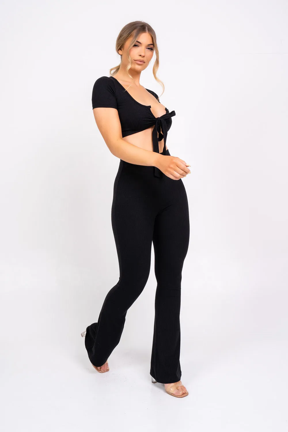 Never Endin' Black Ribbed Two Piece Tie Front Top High Rise Flare Wide Trousers Co-ord Set