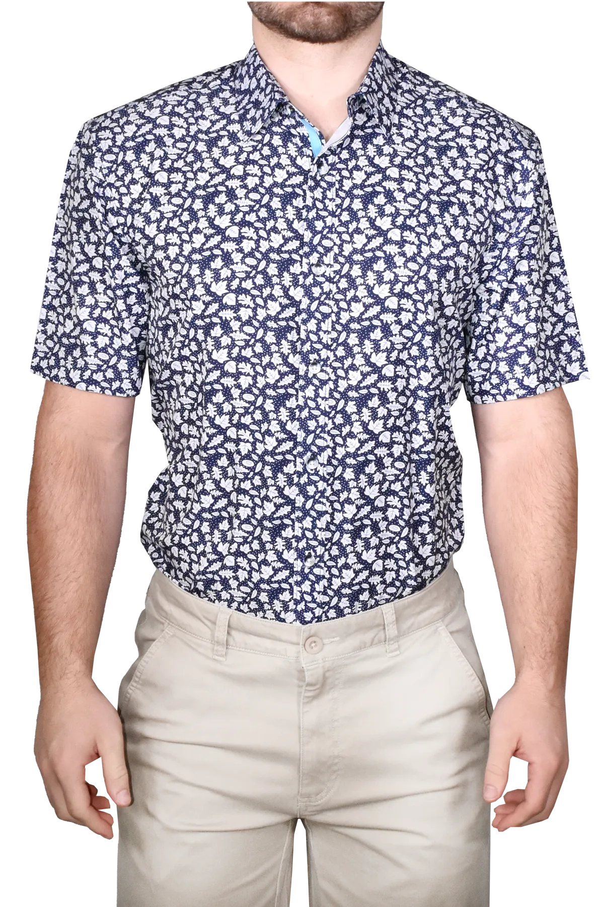 Printed Short Sleeve Woven Shirt, Navy Leaves