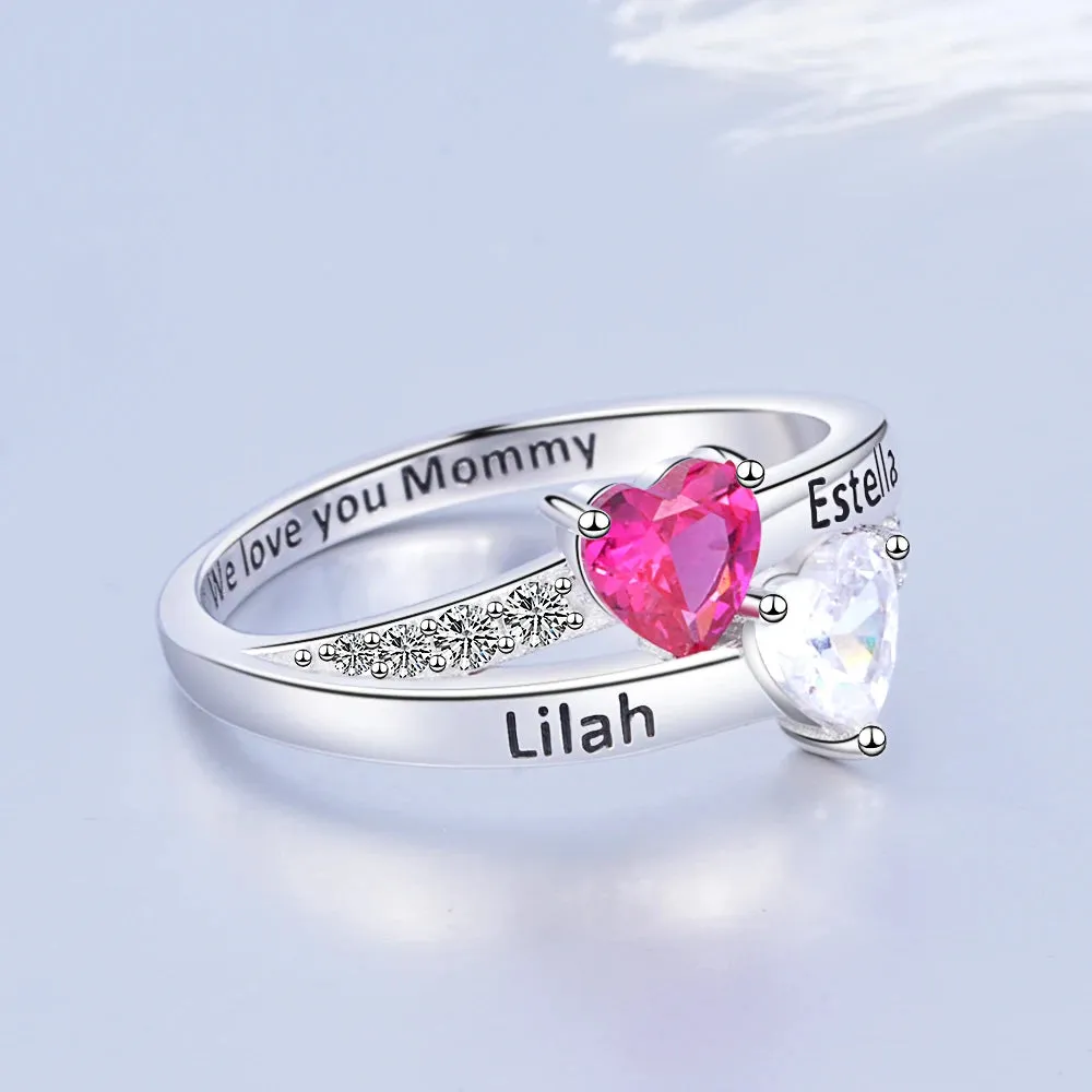 Strollgirl Personalized 925 Sterling Silver Rings Custom Heart Birthstone Ring with 2 Names Jewelry for Her Mother Day's Gifts