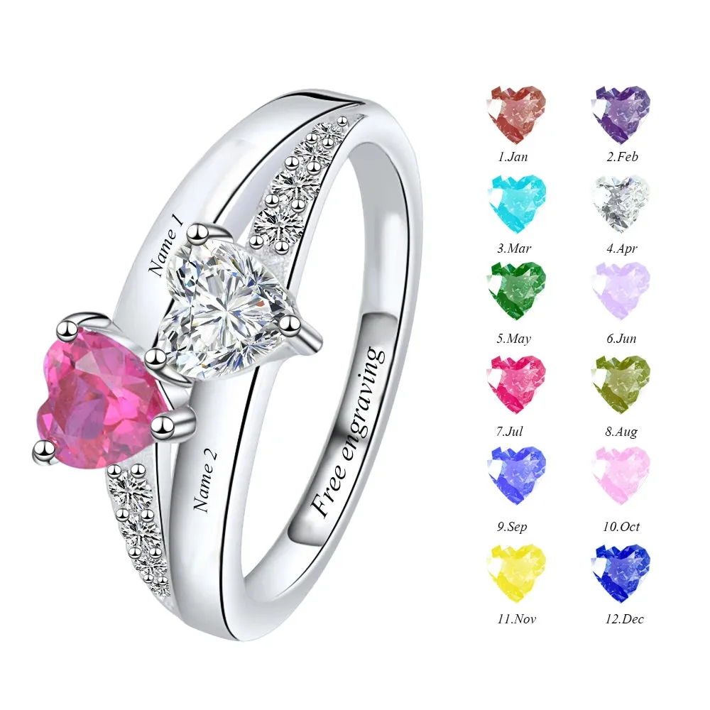 Strollgirl Personalized 925 Sterling Silver Rings Custom Heart Birthstone Ring with 2 Names Jewelry for Her Mother Day's Gifts