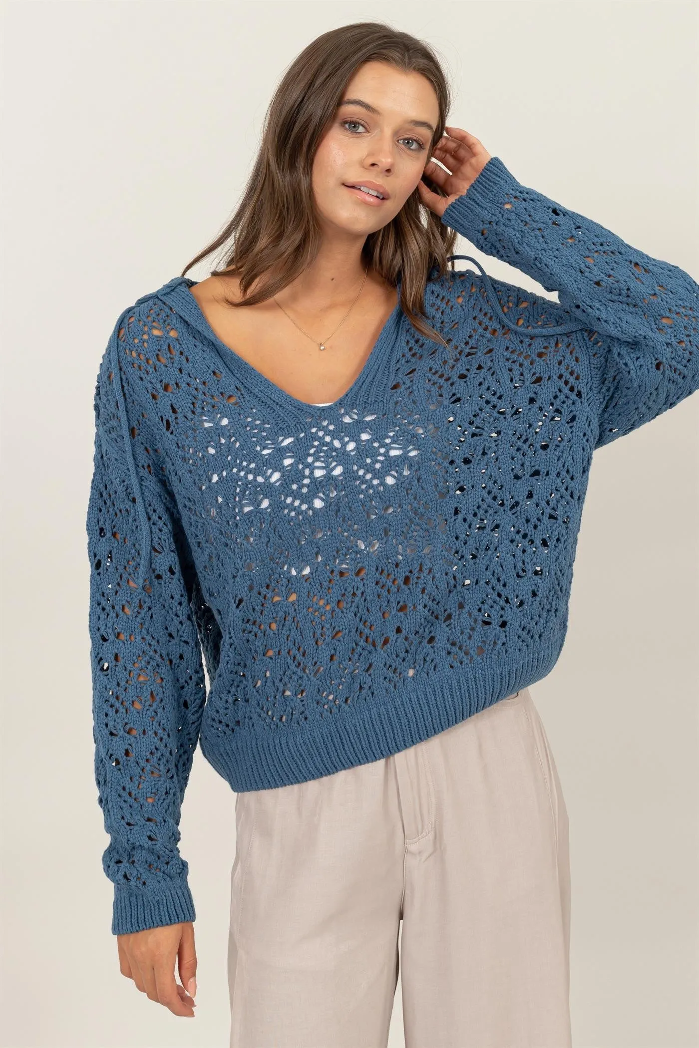 Sweater - Crochet Hoody V Neck