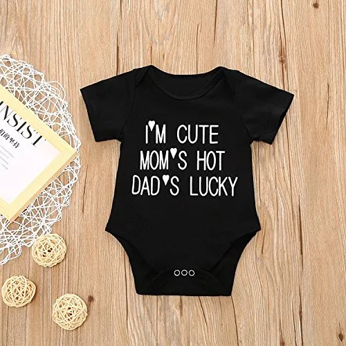 SWNONE Infant Baby Boys Girls Clothing Shirts Rompers Jumpsuit Funny Letter Printed Short Sleeves Black Onesie (Black, 0-6 Months)