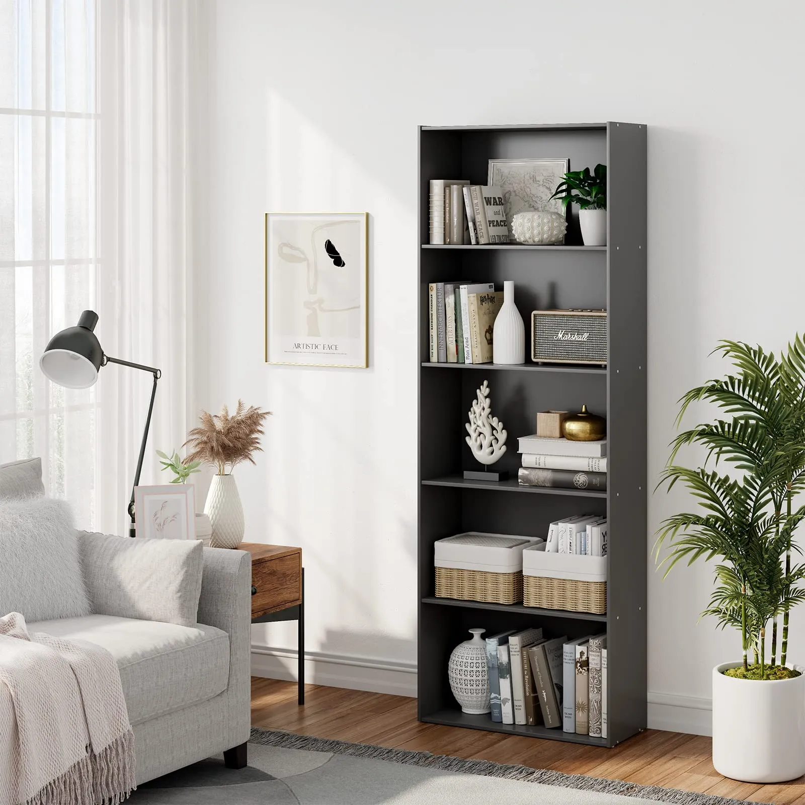 Tangkula 5-Shelf Bookcase, 23.5''L x 9.5''W x 67''H