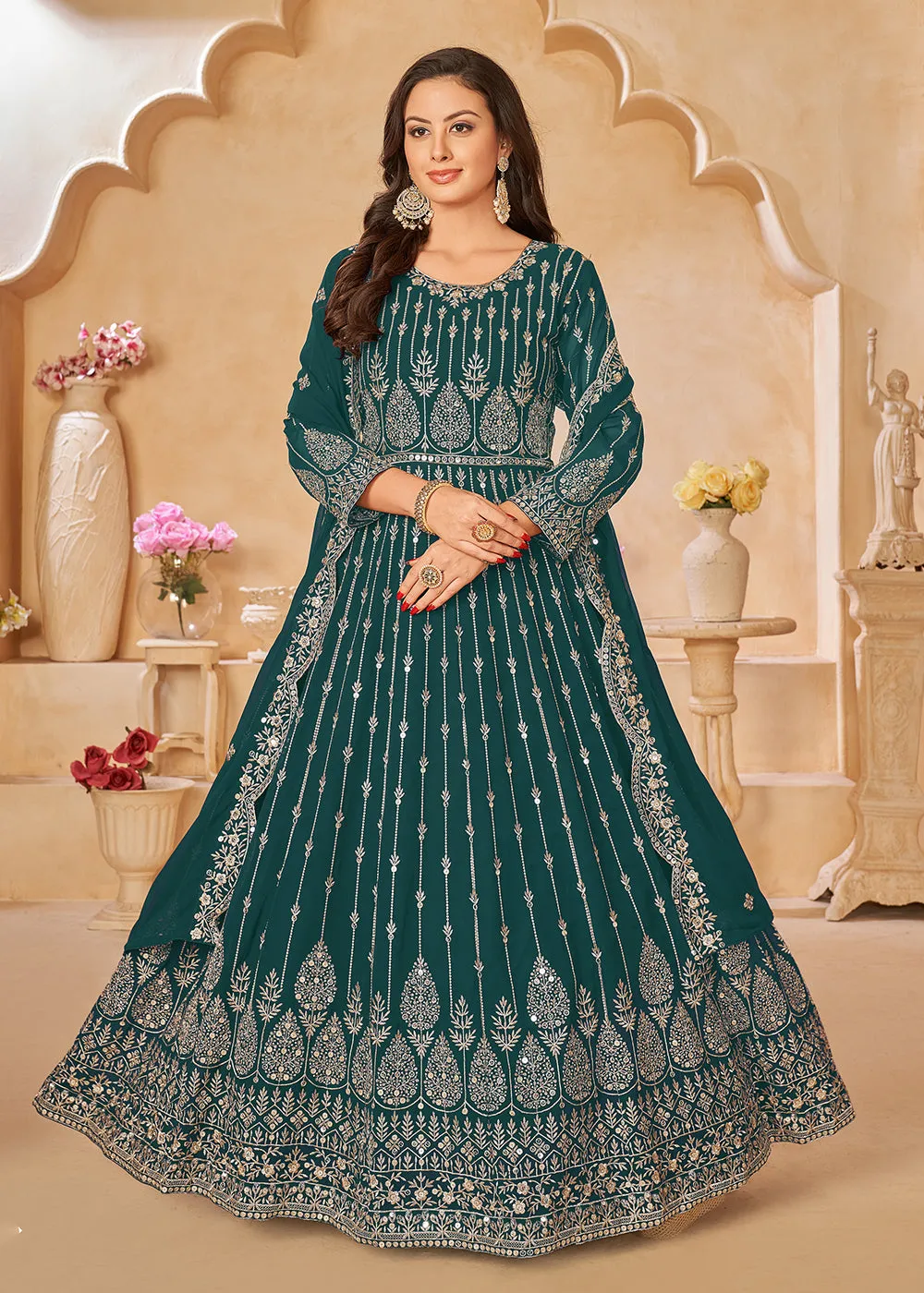 Teal Green Resham Zari Embroidered Festive Anarkali Suit