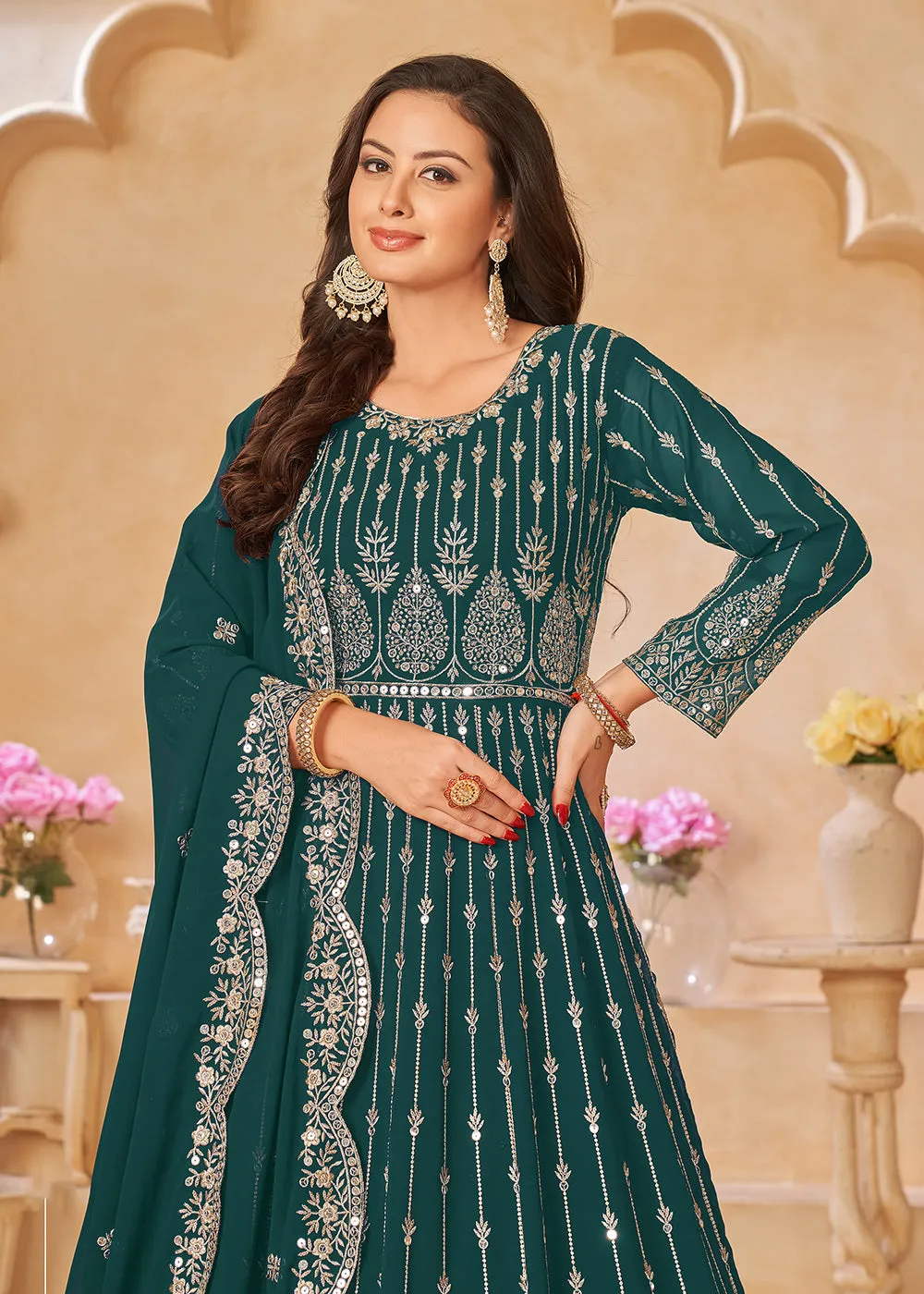 Teal Green Resham Zari Embroidered Festive Anarkali Suit